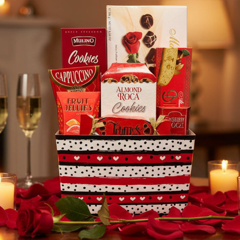 Assorted cookies packaging on a table with candles and rose petals