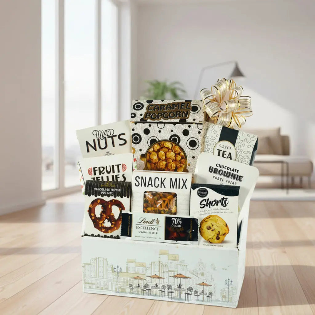 Snack box with various treats including popcorn, pretzels, and chocolate bars on a white background.