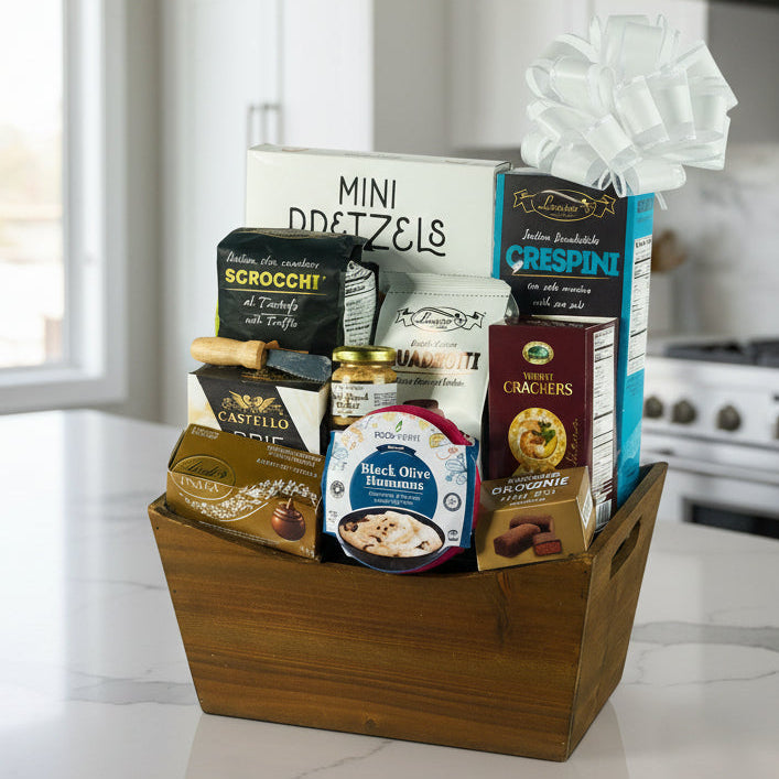 Gift basket with various snacks and treats in a wooden box on a white background