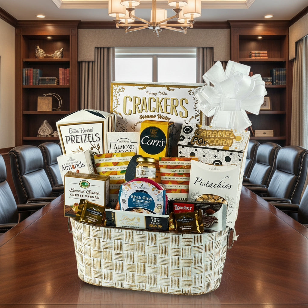 Gift basket with various snacks and treats on a white background