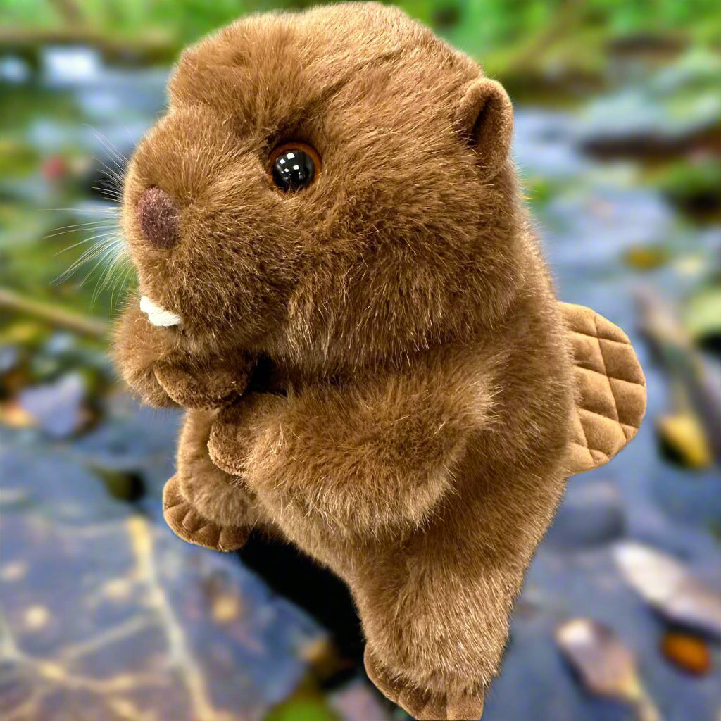 A chocolatey brown plush toy resembling a beaver with a soft undercoat, glossy guard hair, a small fuzzy nose, and dark eyes, standing on a surface with a checkered pattern.