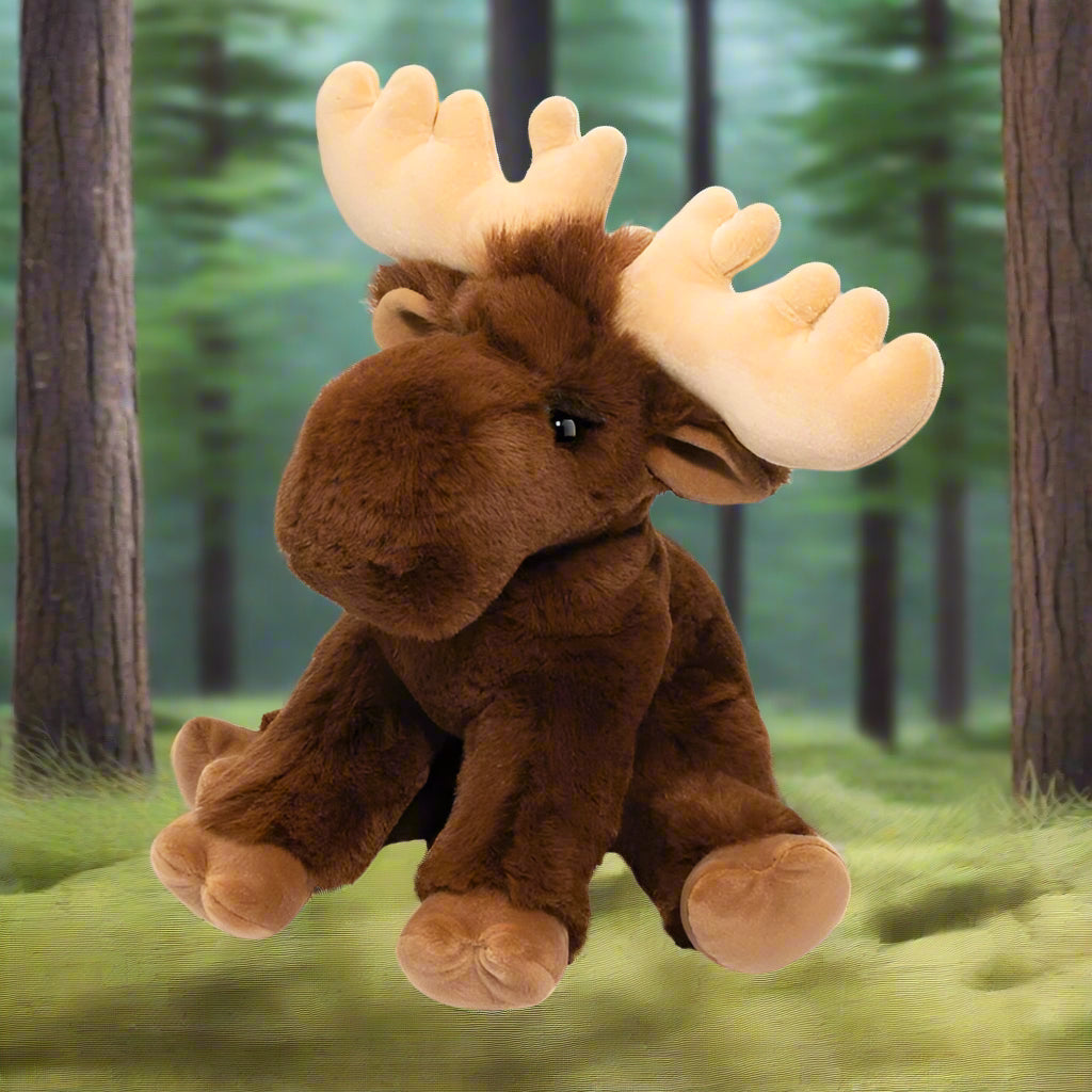 Plush moose toy on a white background