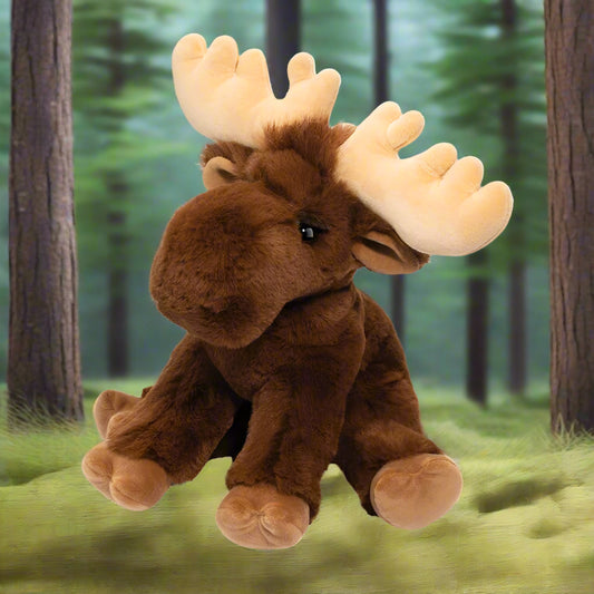 Plush moose toy on a white background