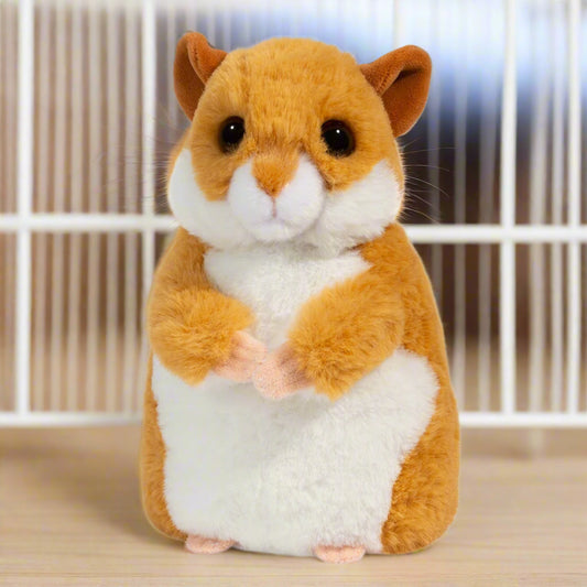 Plush toy hamster with brown and white fur on a white background