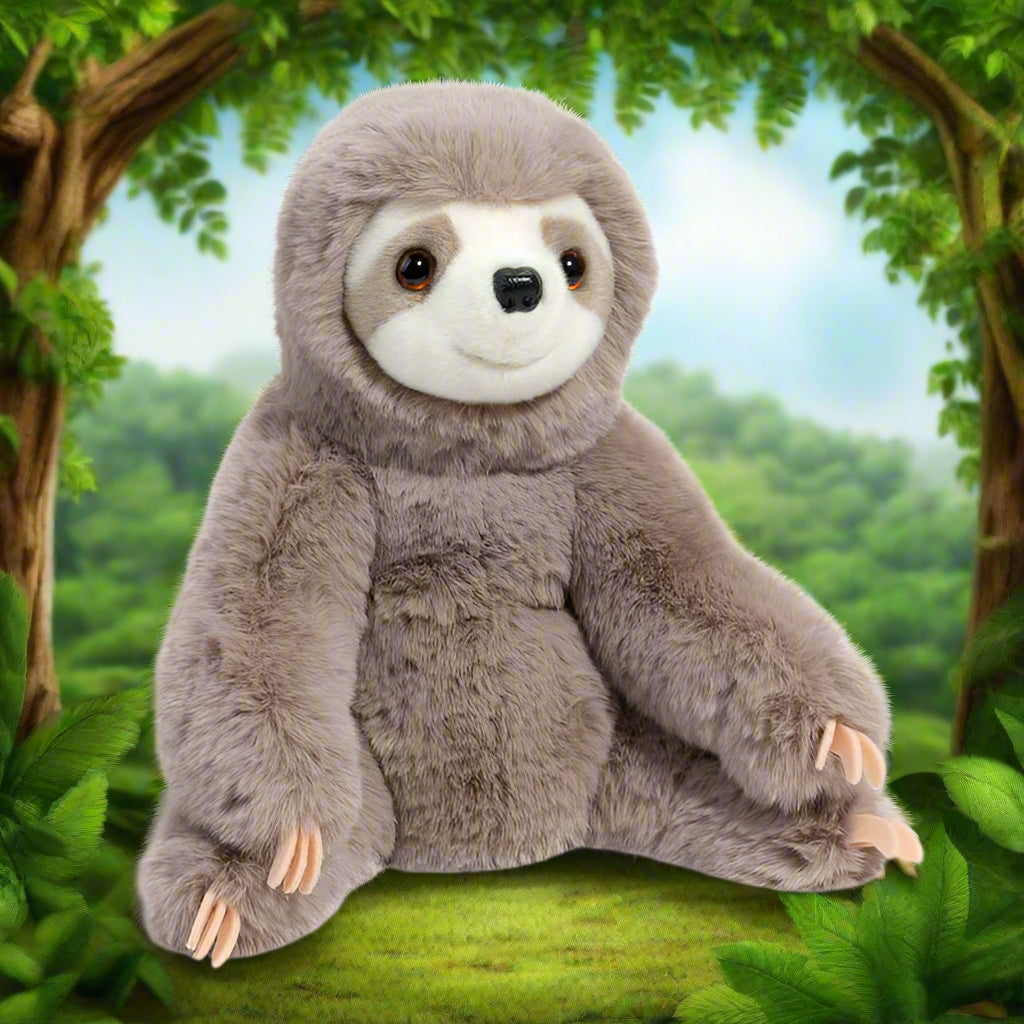 Plush toy sloth on a white background