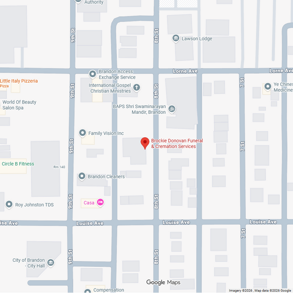 A Google Maps interface screenshot showing a street map with a small photo and business details panel on the left for Brockton Donner Funeral & Cremation Services.