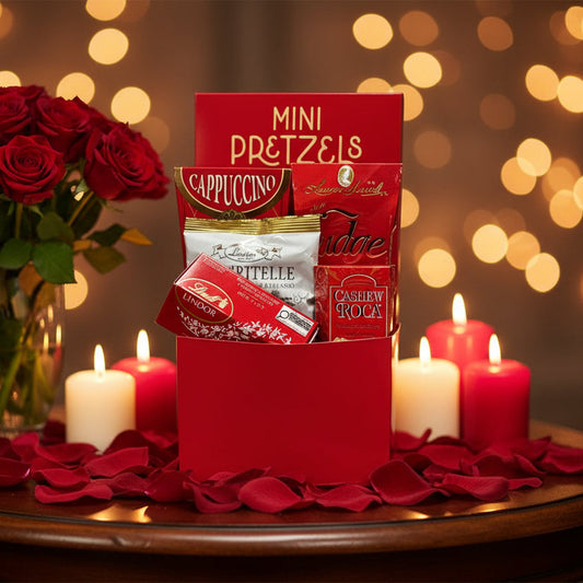Red gift basket with mini pretzels, cappuccino, and Lindor chocolate.