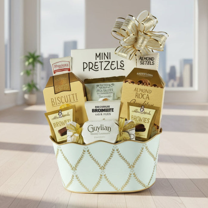 Gift basket with various snacks and candies in a decorative container on a white background
