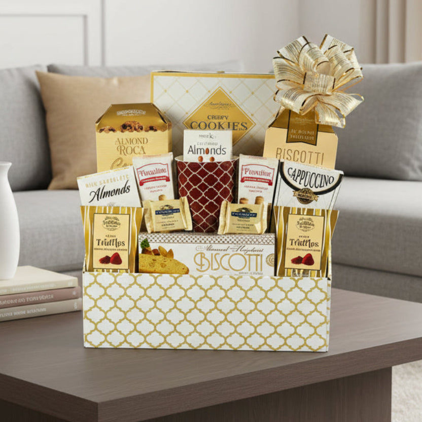 Gourmet gift basket with cookies, almonds, and other treats in a decorative box.