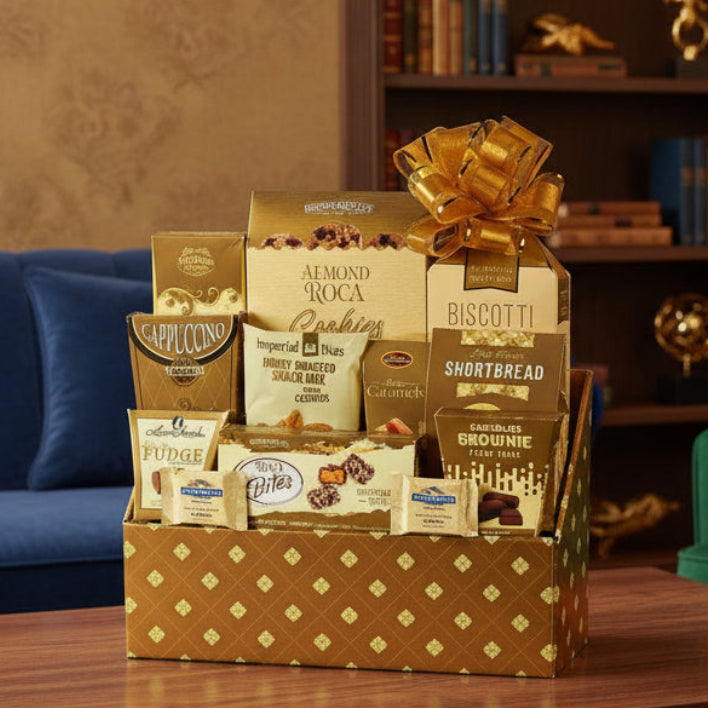 Gift basket on a table in a cozy living room with books and decor.