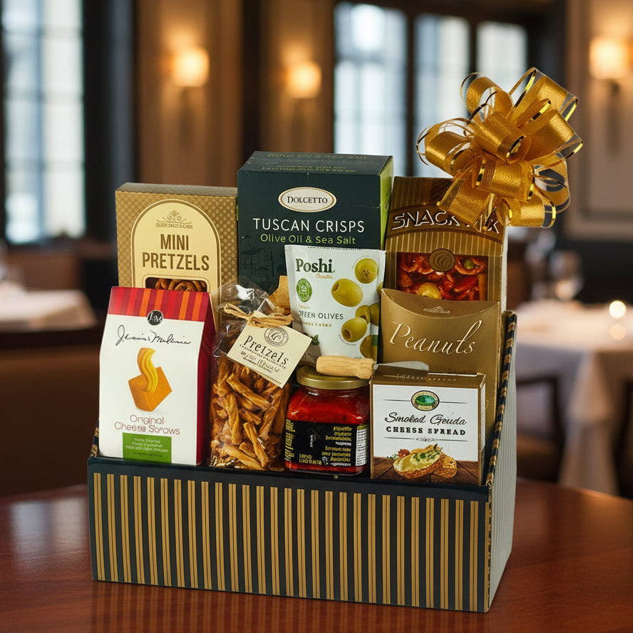 Gourmet gift basket with various snacks and a gold bow on a white background