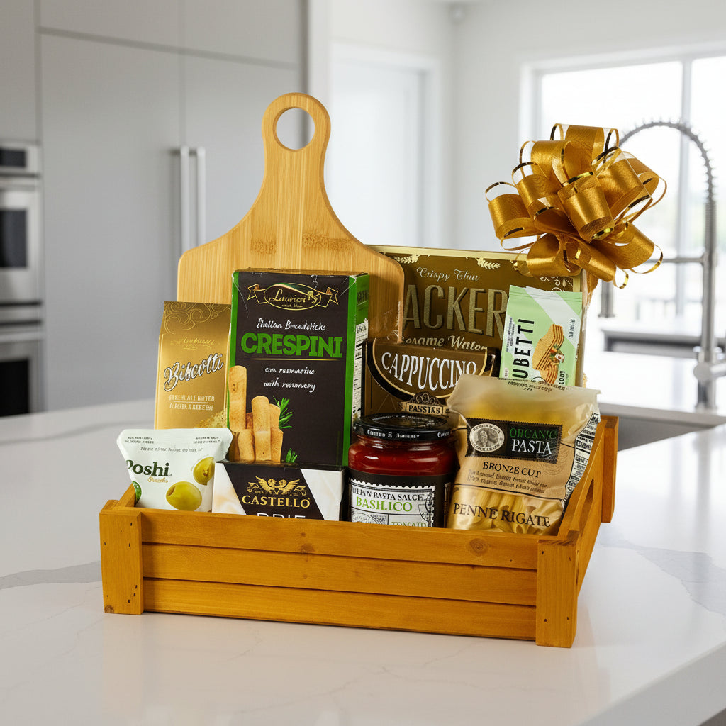 Gift basket with wooden cutting board, pasta, and other food items on a white background