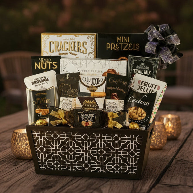 Gourmet gift basket with various snacks and treats in a decorative box.