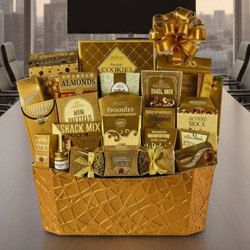 Gourmet gift basket with various snacks and treats on a white background
