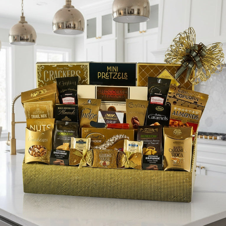 Gourmet gift basket with various snacks and treats on a white background