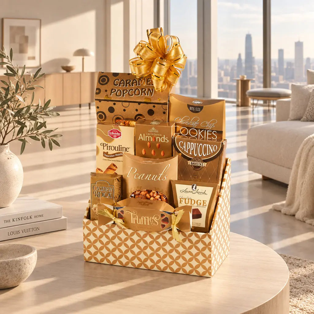 A gourmet chocolate and snack gift basket arranged in a patterned box with a large gold bow. Visible packaged items include Caramela Popcorn, Pinoutline Almonds, Capuccino Cookies, Peanuts, Fudge, and Royal Cream.