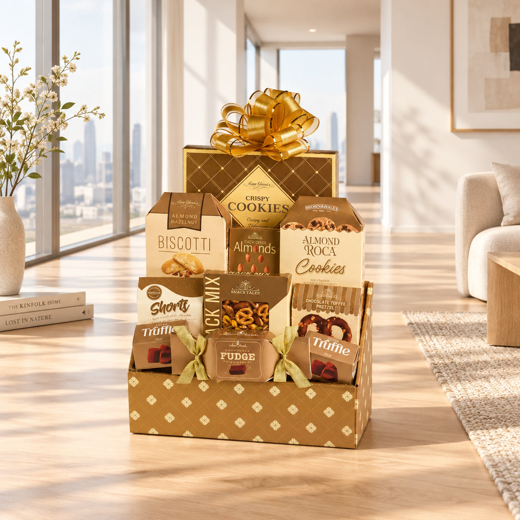 A gourmet chocolate and biscotti gift basket from Good Gourmet, featuring an assortment of packaged snacks and sweets arranged in a brown patterned box with a large gold bow on top.