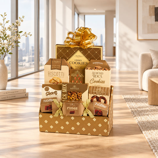 A gourmet chocolate and biscotti gift basket from Good Gourmet, featuring an assortment of packaged snacks and sweets arranged in a brown patterned box with a large gold bow on top.
