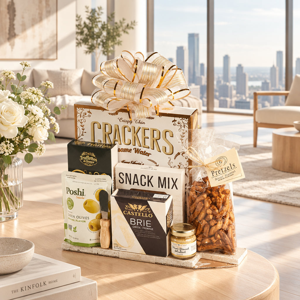 A gourmet gift hamper filled with assorted snacks and treats, including a large box of Crispin's Same Water Crackers with a gold ribbon, a box of Castello Brie cheese, Poshi Fresh Olives, Truffetta Pretzels, and a jar of Honey Maid's Honey Butter, arranged on a wooden tray against a white background.