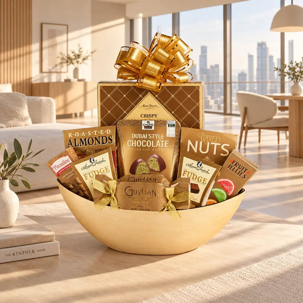 A luxury chocolate and nut gift basket in a gold-colored bowl, featuring an assortment of premium treats including Dubai Style Chocolate, Almonds, Fudge, and Mixed Nuts, arranged with a large gold bow on top of a brown gift box.