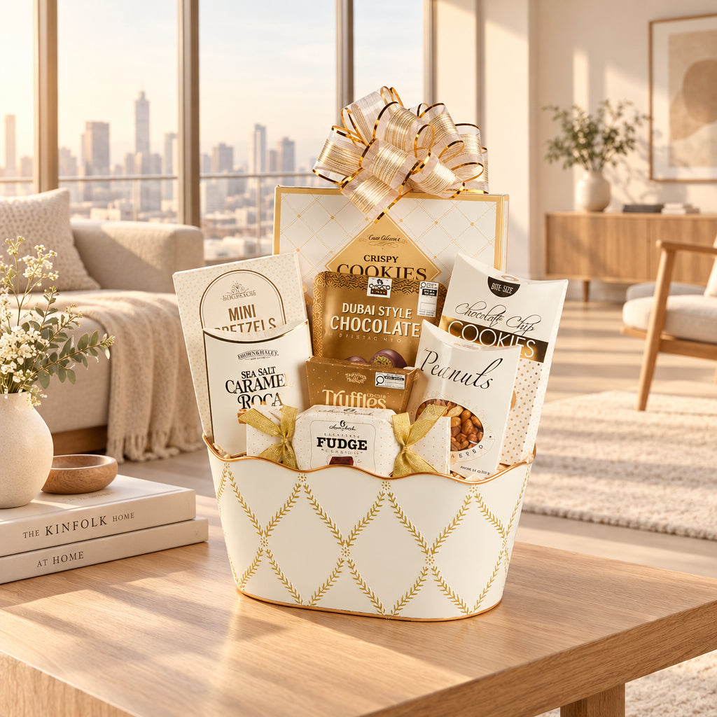 A gourmet gift basket filled with assorted chocolates, cookies, and treats, presented in a white and gold patterned bucket with a large gold and white bow on top, set against a plain white background.