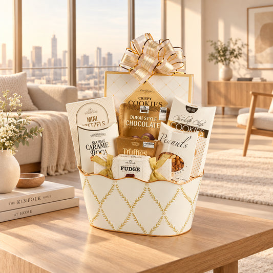 A gourmet gift basket filled with assorted chocolates, cookies, and treats, presented in a white and gold patterned bucket with a large gold and white bow on top, set against a plain white background.