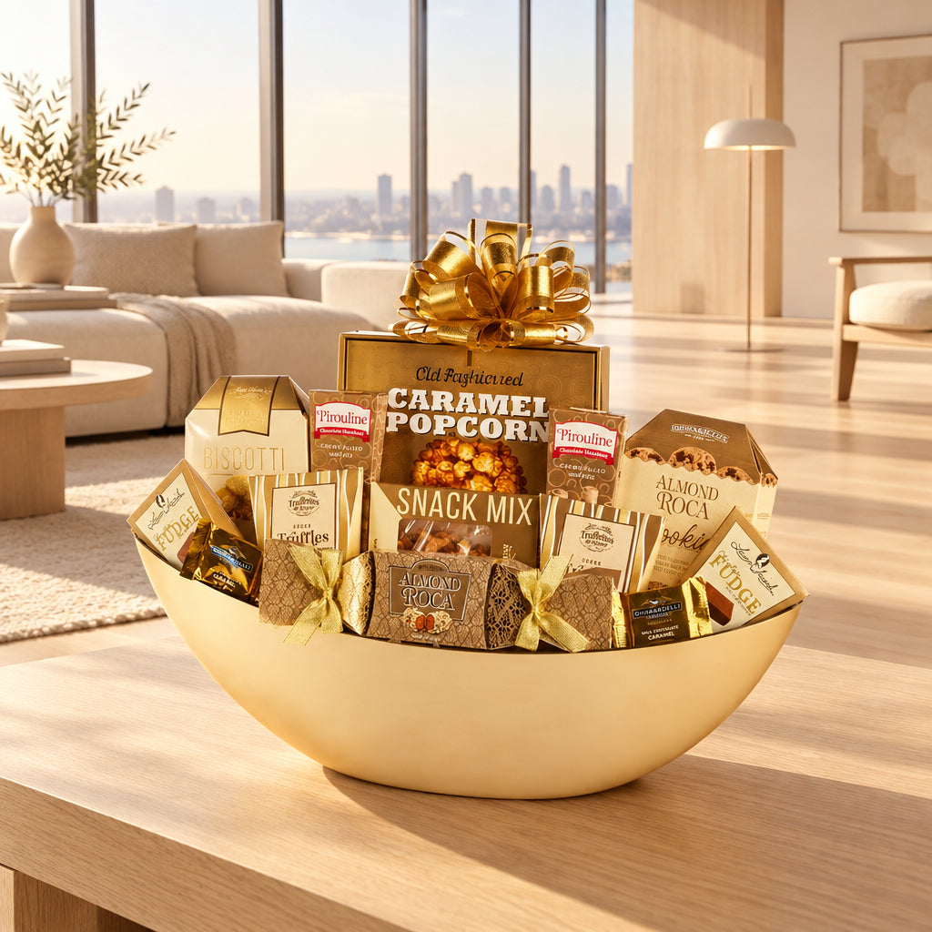 A gourmet snack and candy gift basket arranged in a large gold bowl, featuring a box of caramel popcorn, assorted branded chocolate and biscotti packages, almond roca, fudge, and a large gold bow on top, set against a plain white background.