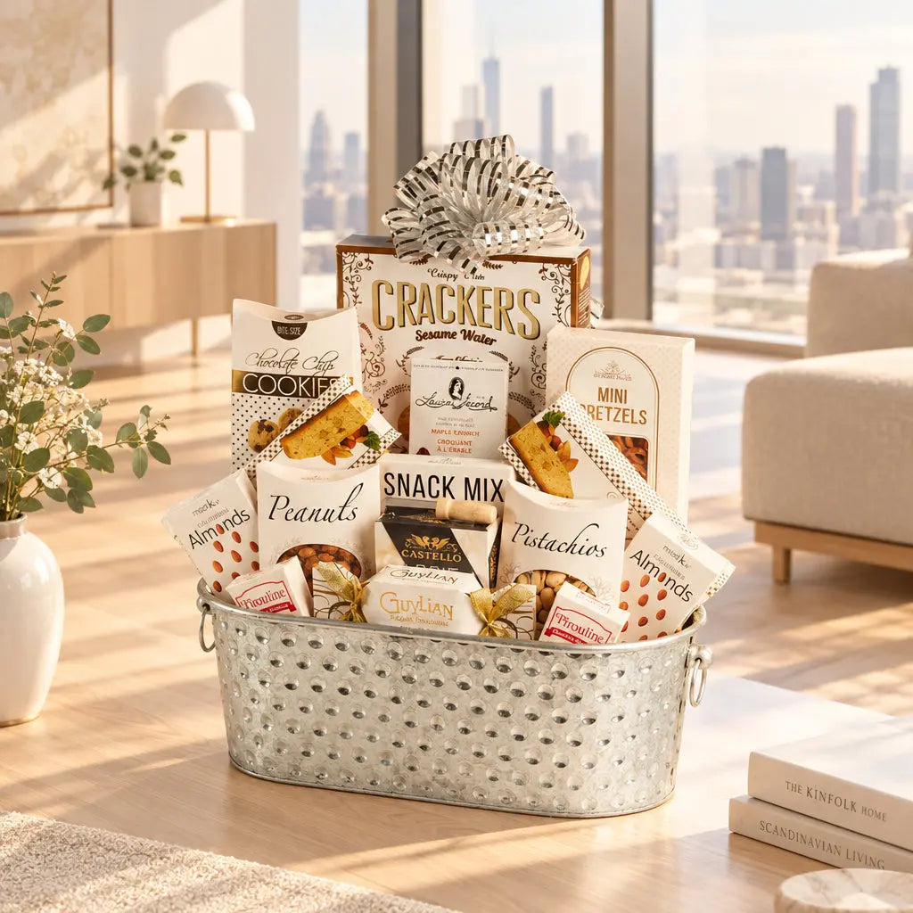 A gourmet snack and cookie gift basket in a galvanized metal tub, filled with assorted packaged treats including crackers, cookies, peanuts, pistachios, and mini pretzels, topped with a black and white striped bow.