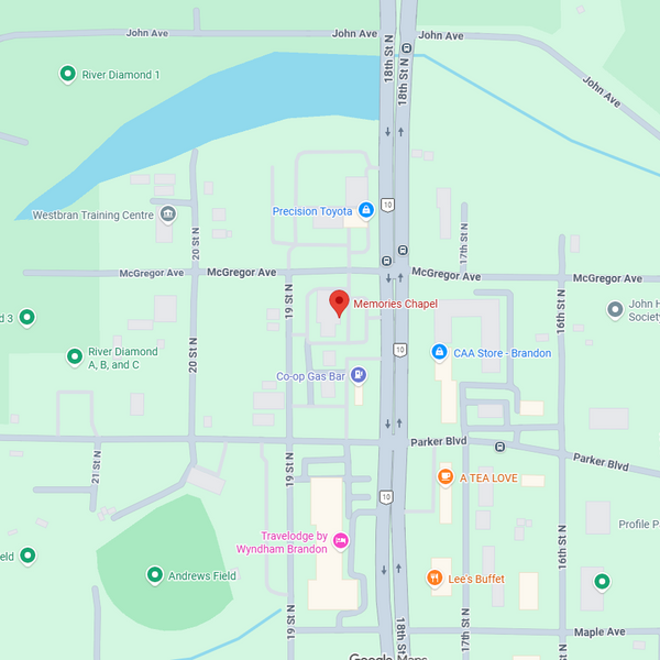 A Google Maps interface screenshot showing a street map with a red pin marking a location, a left-side sidebar with store details for Memories Chapel, and a small photo thumbnail at the top left.