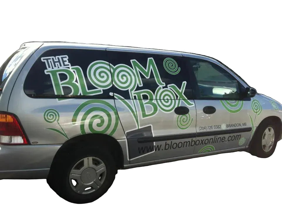 A silver minivan parked outdoors with a custom green and white wrap reading 'THE BLOOM BOX' and 'www.bloomboxonline.